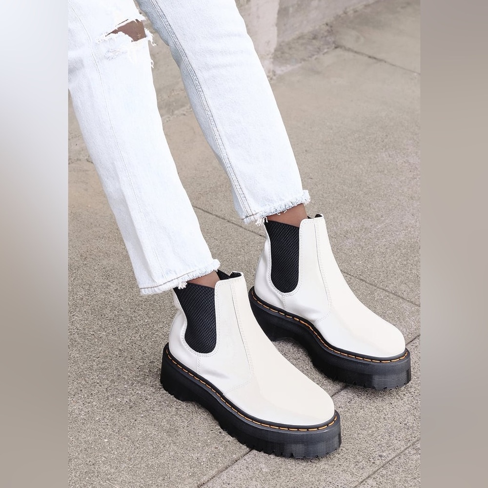 Dr. Martens White Chelsea Lug Sole Boots with Black Elastic